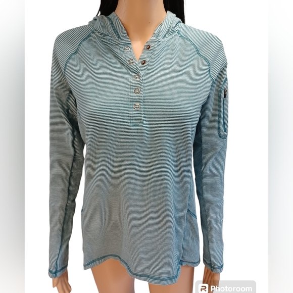 Gander Mountain Hooded Long Sleeve Shirt Turquoise & White Stripes - Picture 8 of 8